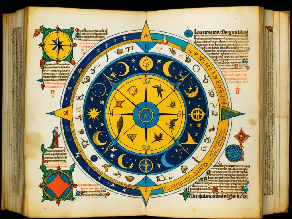 Un manuscrito medieval detallado con diagramas astrológicos e invocaciones mágicas, iluminado con colores vibrantes y detalles intrincados