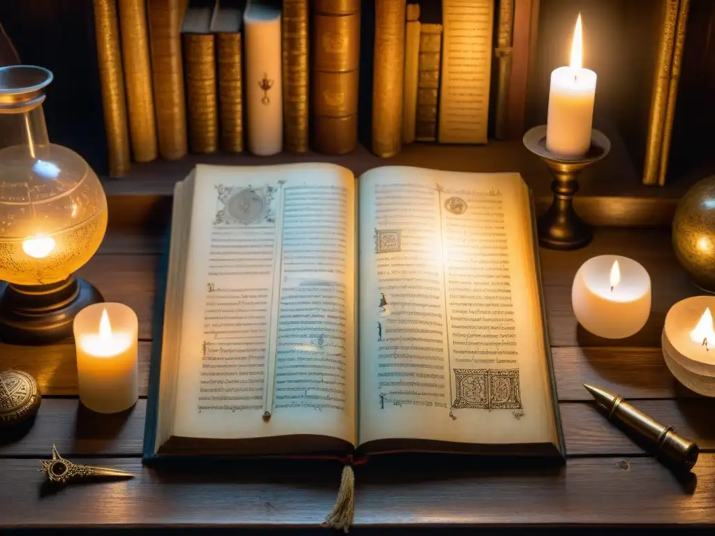 Manuscrito del Mutus Liber en mesa de madera iluminado por luz de vela