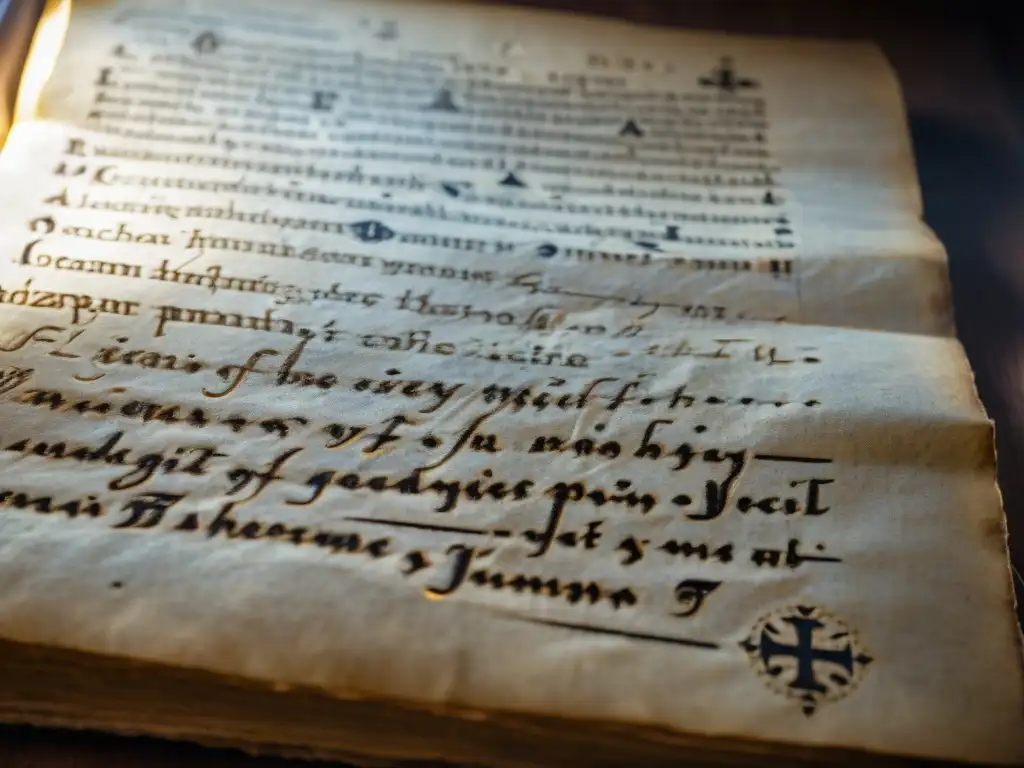 Un manuscrito templario antiguo con símbolos e inscripciones latinas, iluminado por luz tenue en una habitación misteriosa