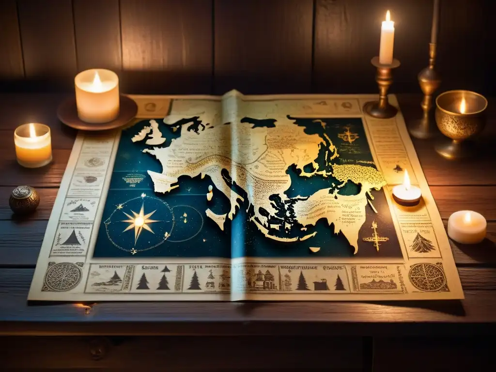 Mapa antiguo en mesa de madera iluminado por vela, con símbolos y caminos misteriosos