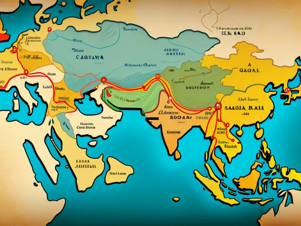 Mapa antiguo de la Ruta de la Seda con caravanas y bienes exóticos, revelando la influencia de sociedades secretas en el comercio global