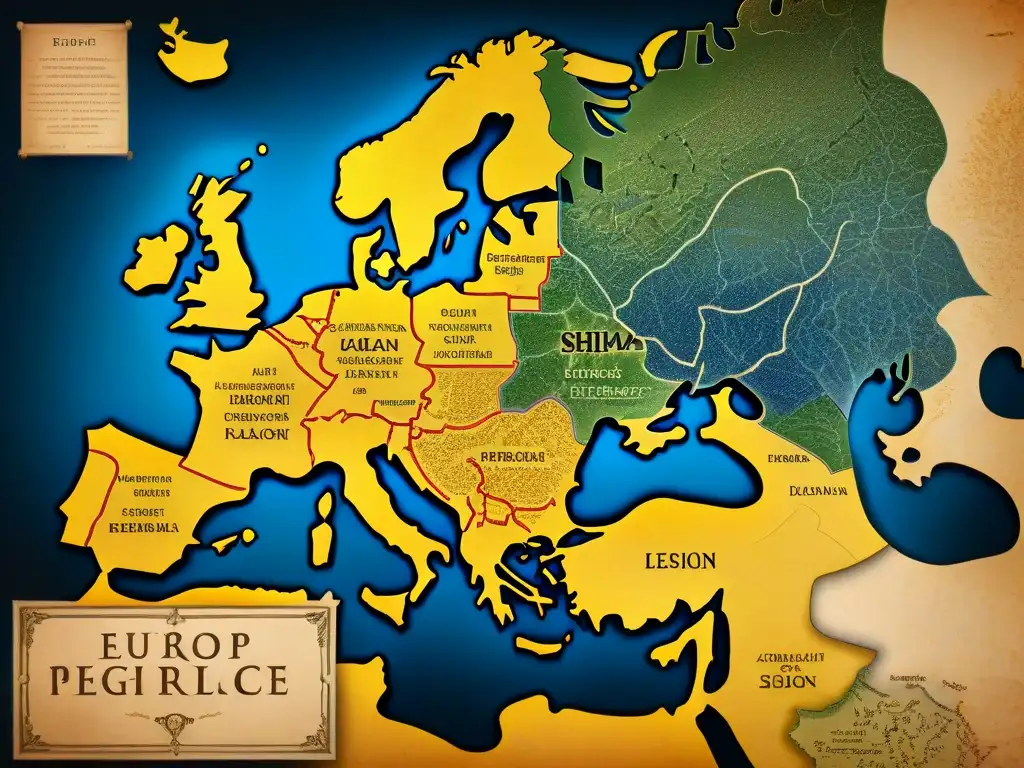 Mapa antiguo de Europa con rutas de peregrinación al Santo Grial, símbolos del Priorato de Sión y inscripciones latinas