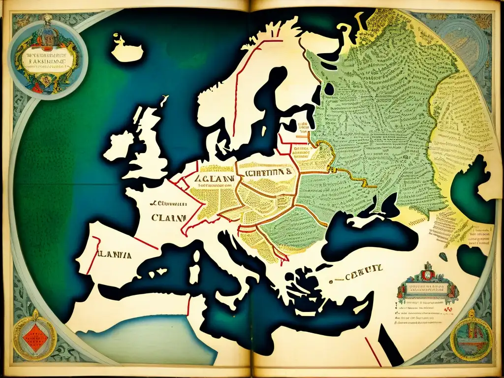 Mapa antiguo de Europa del siglo XVIII con detalles de ciudades y puntos de reunión de sociedades secretas