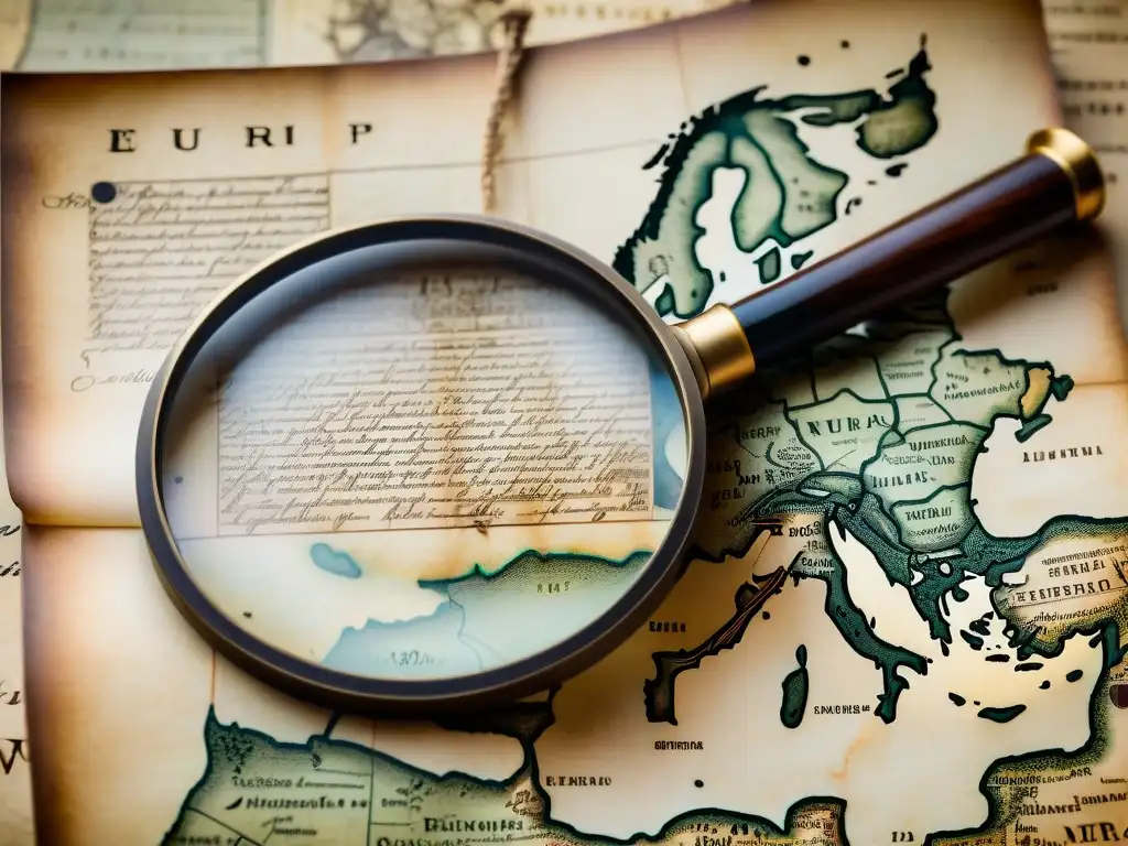 Mapa antiguo de Europa con símbolos, inscripciones y lupa revelando secretos