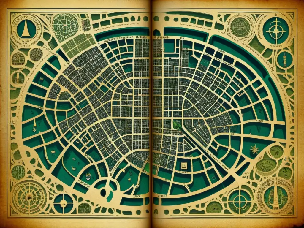 Mapa antiguo de París con símbolos misteriosos y patrones intrincados, revelando la influencia de sociedades secretas en la planificación urbana