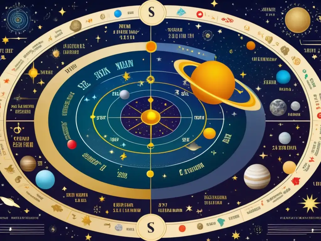 Un mapa celeste detallado con gráficos financieros, simbolizando la conexión entre astrología y prosperidad