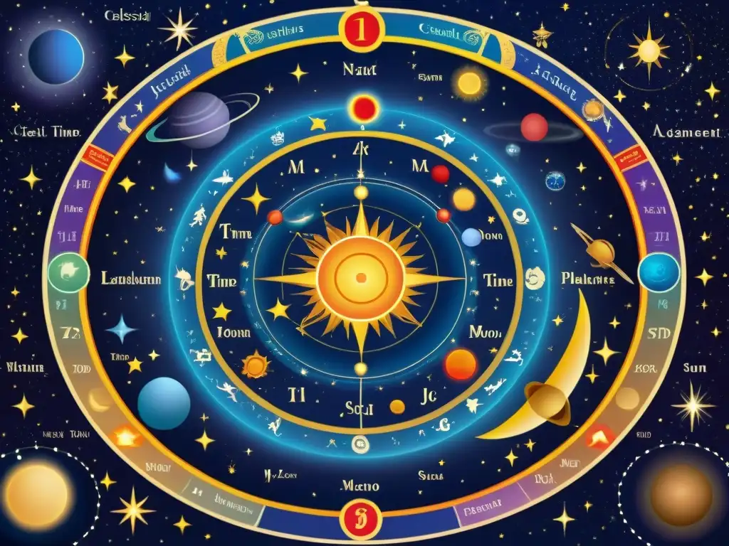 Mapa celestial detallado con alineación de planetas y constelaciones