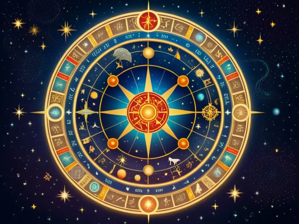 Mapa celestial detallado con signos zodiacales entrelazados en vibrantes colores y símbolos, rodeado de antiguos textos en latín