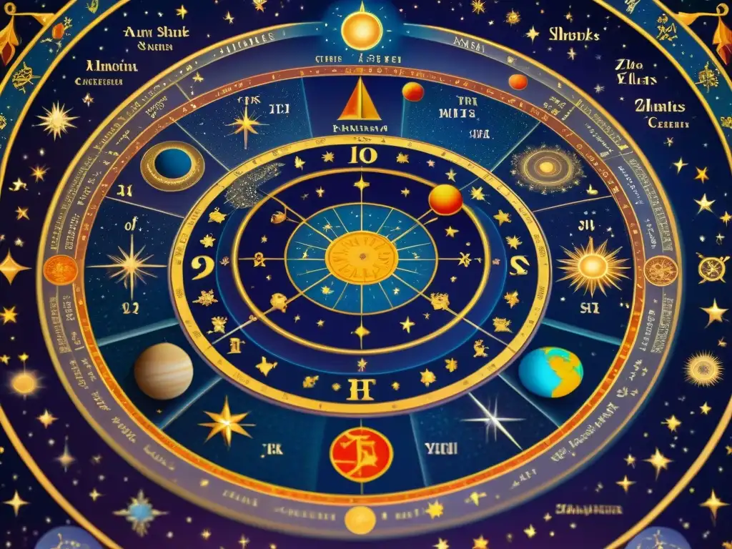 Mapa celestial renacentista detallado con signos zodiacales y símbolos astrológicos, colores vibrantes y diseños complejos