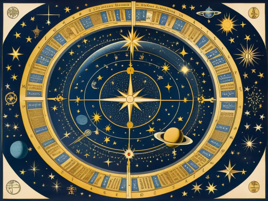 Mapa celestial del siglo XVII, detallado y vibrante, que muestra la influencia de la astrología en Rosacruz