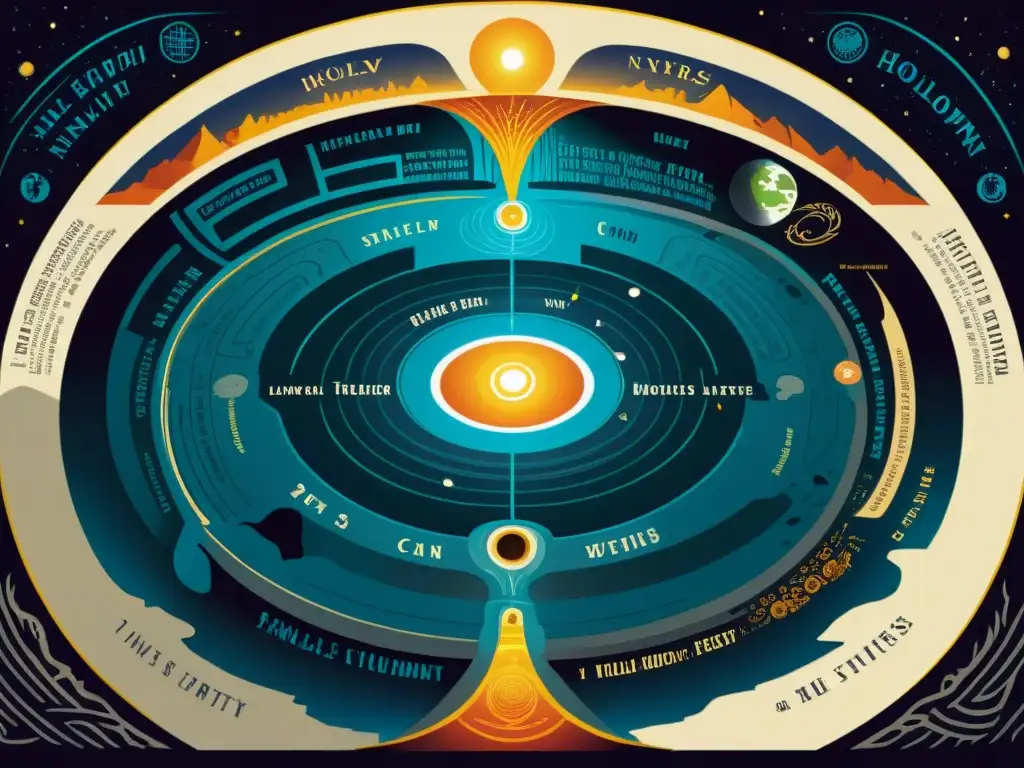 Mapa detallado de las capas internas de la Tierra con ciudades y sociedades secretas en la Tierra Hueca