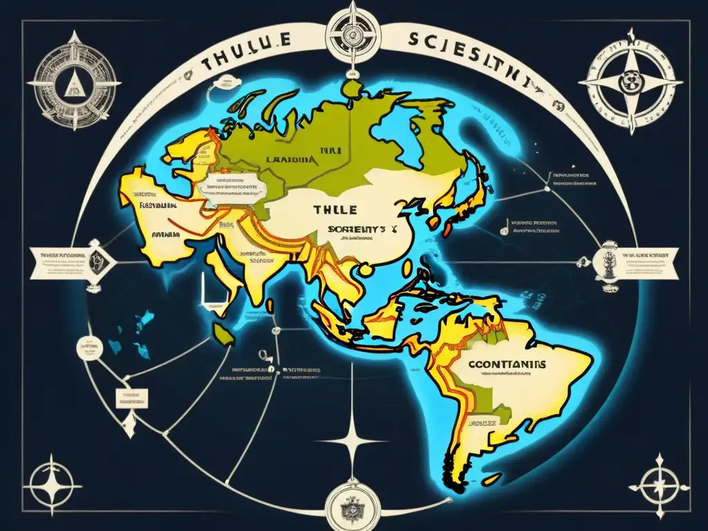 Mapa detallado de la expansión global de la Sociedad Thule, con rutas, símbolos misteriosos y conexiones a organizaciones ocultas