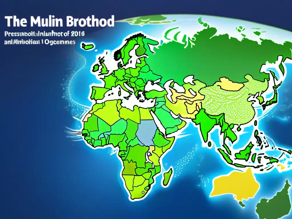 Mapa detallado de la influencia de la Hermandad Musulmana en el mundo islámico, destacando conexiones y figuras clave en todo el mundo