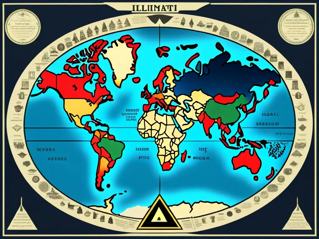 Mapa detallado de la influencia de los Illuminati en conflictos, con símbolos misteriosos y conexiones ocultas