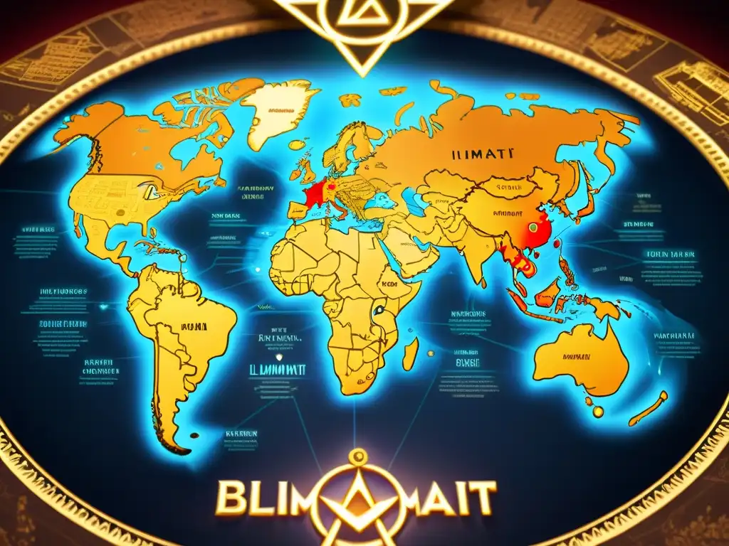 Un mapa detallado de la influencia de los Illuminati en la historia, con conexiones entre landmarks y figuras influyentes