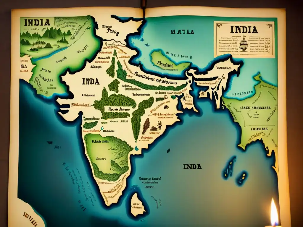 Mapa detallado del siglo XIX de la India, resaltando zonas de los Thugs