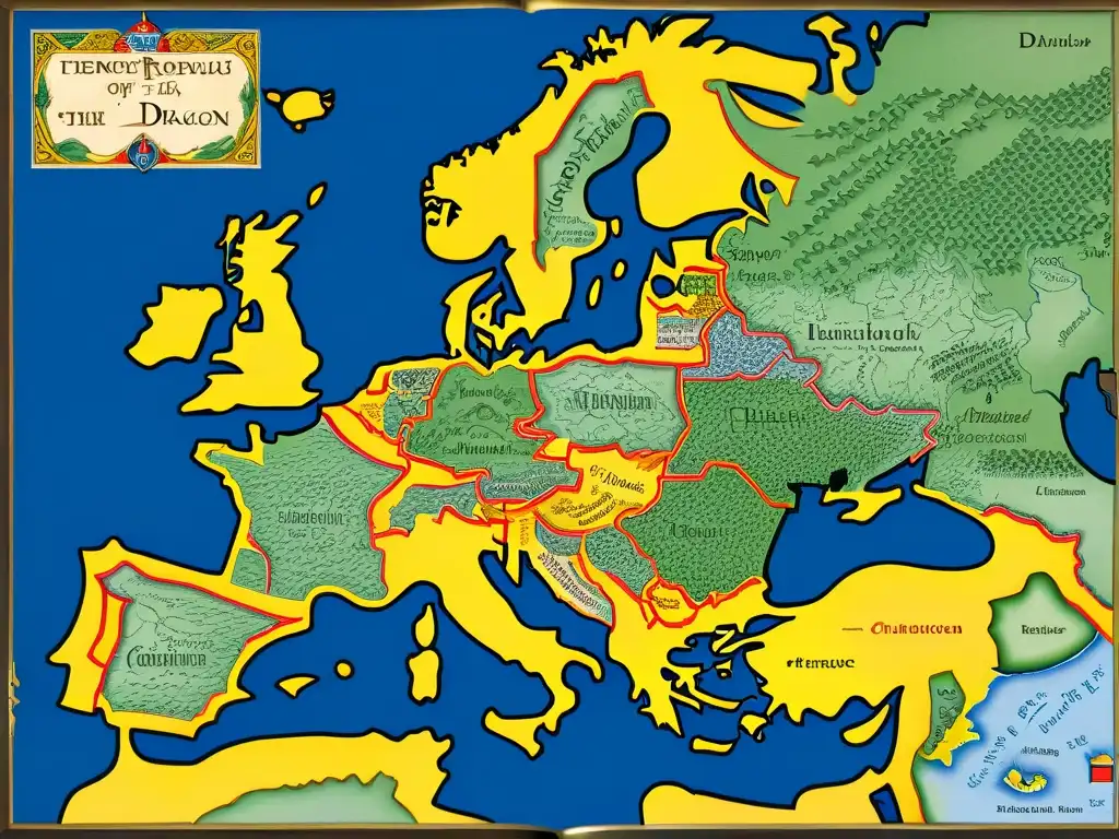 Mapa medieval detallado de Europa con la influencia de la Orden del Dragón en el siglo XV, destacando dragones en territorios