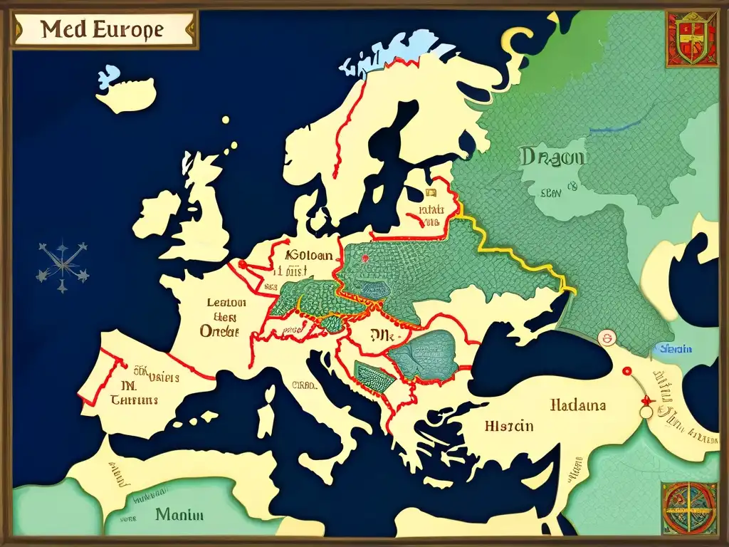 Un mapa medieval detallado de Europa con marcas intrincadas que muestran el legado oculto de la Orden del Dragón