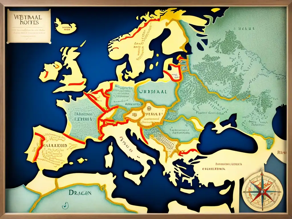 Mapa medieval detallado con rutas comerciales influenciadas por la Orden del Dragón, destacando lugares estratégicos