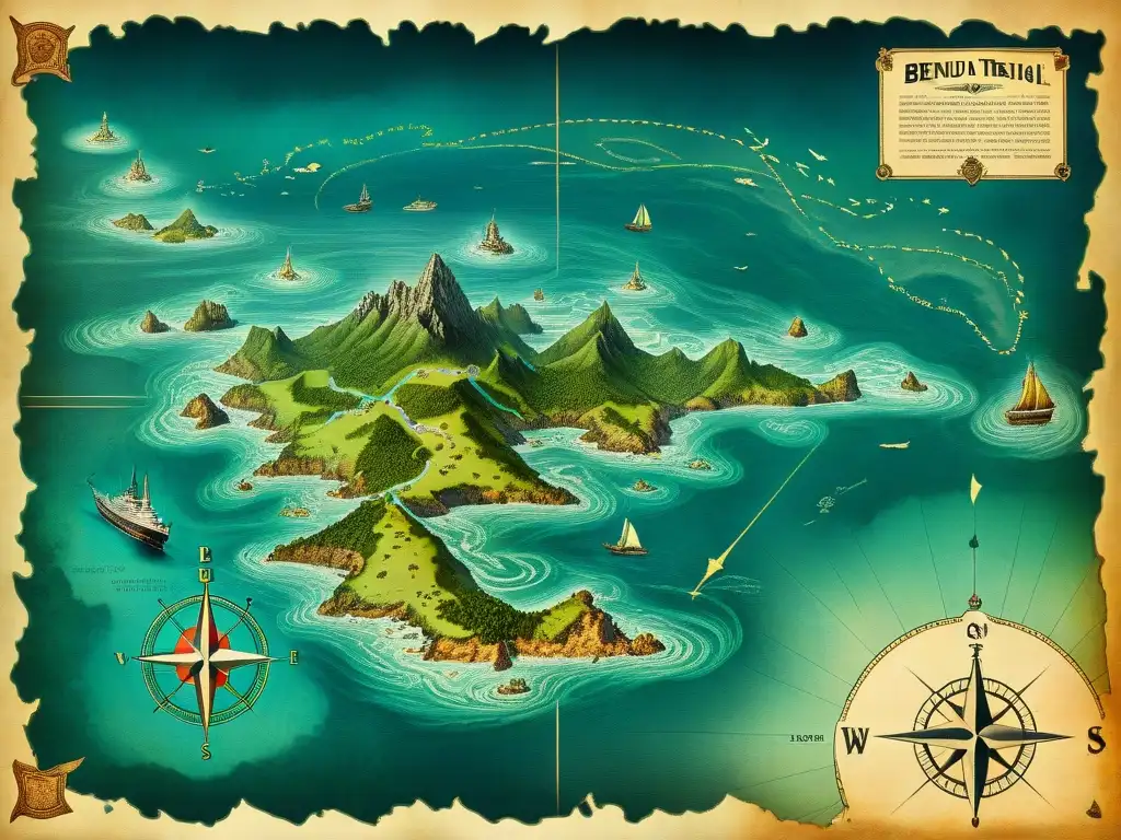 Mapa vintage detallado del misterioso Triángulo de las Bermudas con barcos desapareciendo en un mar de secretos