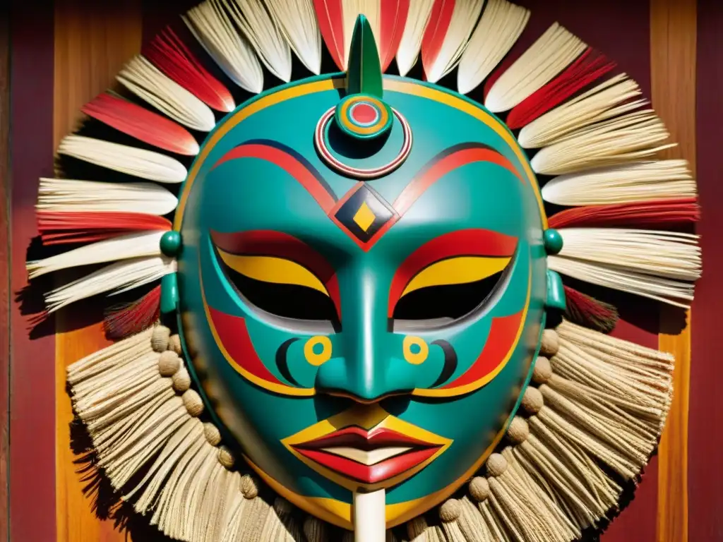 Máscara ceremonial ritual: símbolos ancestrales y colores vibrantes Una máscara ceremonial detallada usada en rituales de iniciación de sociedades secretas, rica en simbolismo y colores vibrantes