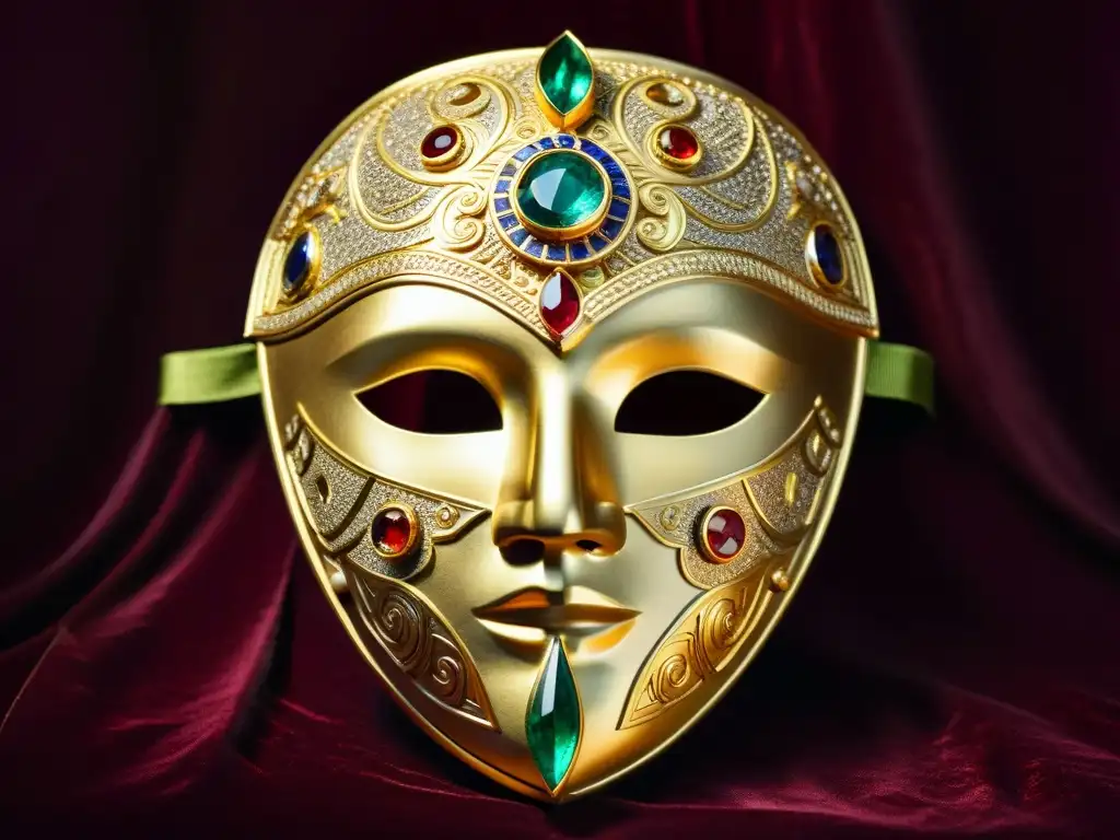 Una máscara dorada intrincada y antigua, con grabados y gemas preciosas, reposa en un cojín de terciopelo bajo una tenue iluminación de museo