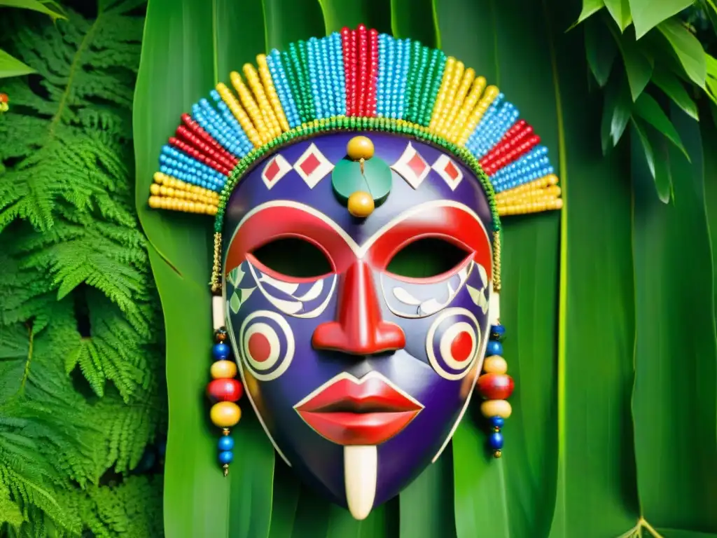 Máscara de madera tallada de deidad Yoruba en el bosque sagrado de OsunOsogbo, exudando misterio y poder ancestral