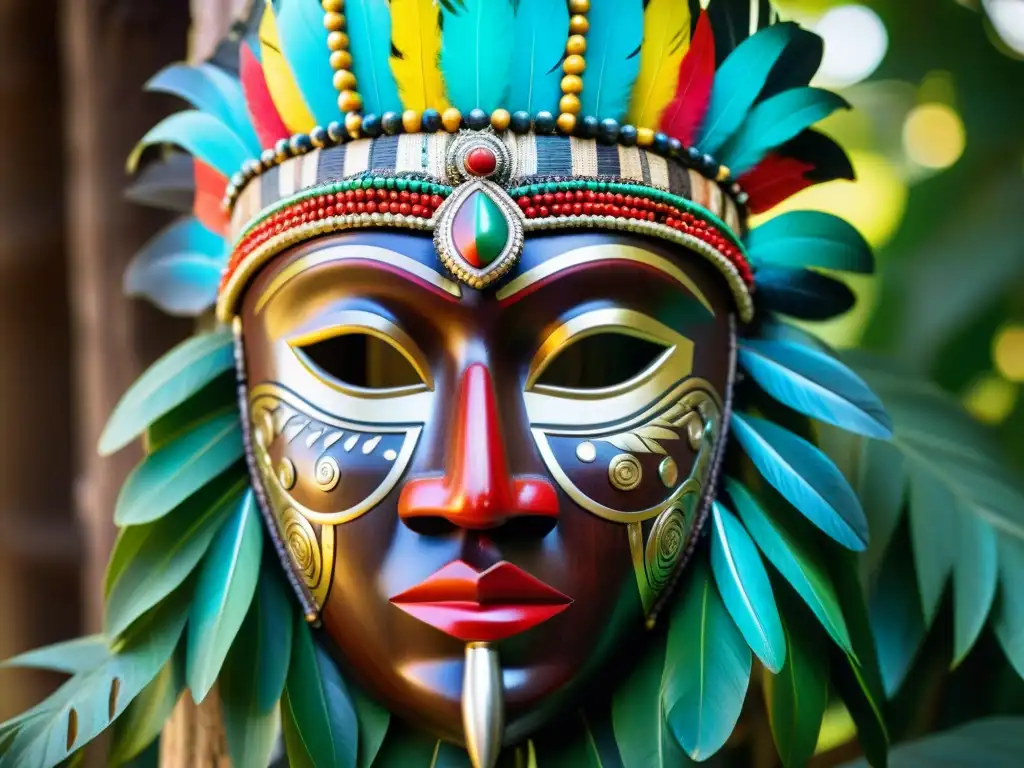 Una máscara de madera tallada detalladamente, representando una deidad Yoruba con adornos de cuentas y plumas, iluminada por la luz entre árboles