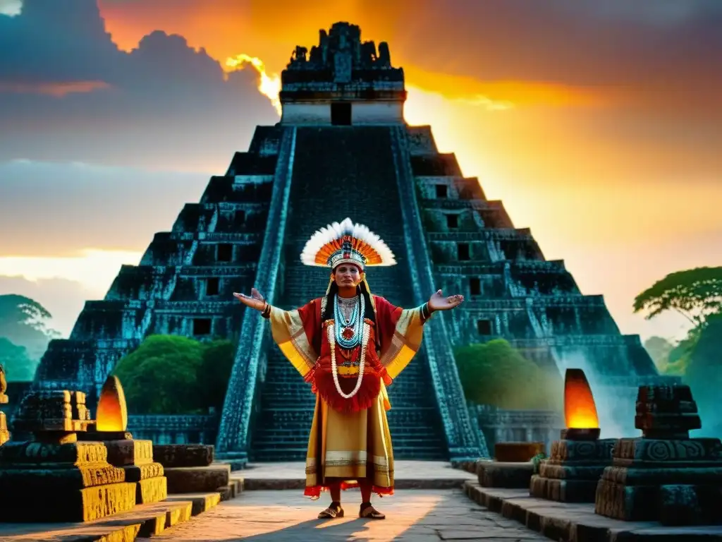 Shamán maya realiza ritual de renacimiento al amanecer en Tikal, simbolizando la esencia de los Rituales de renacimiento significado