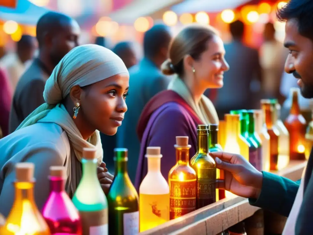 Un mercado bullicioso con personas sosteniendo botellas de elixires místicos, expresiones diversas y colores vibrantes