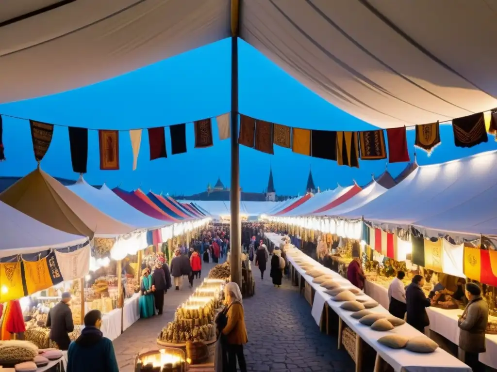 Mercado bullicioso en la sociedad Thule: coloridas tiendas, tapices y antigua arquitectura