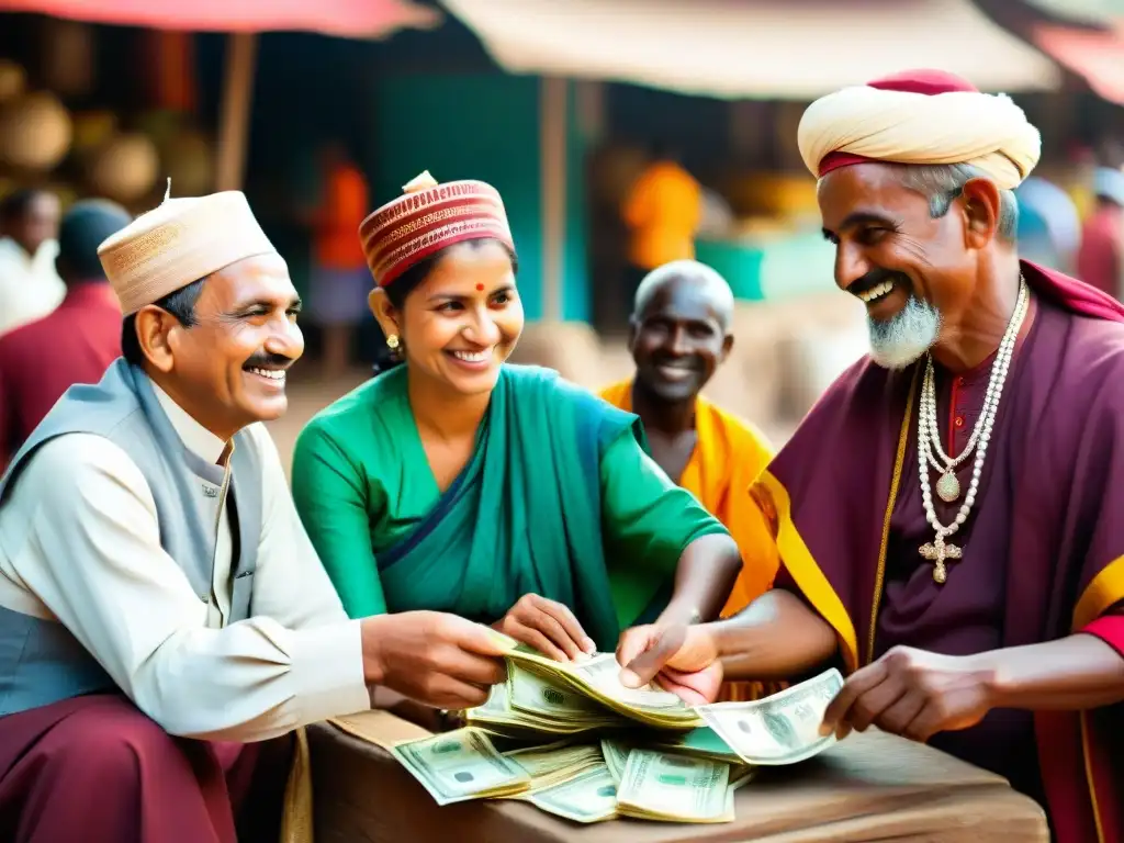 Transacción financiera tradicional de los Chettiars en un mercado vibrante En un mercado bullicioso, Chettiars realizan una transacción financiera tradicional, mostrando coloridos atuendos y concentración