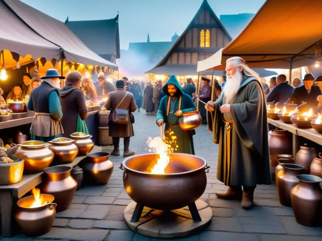 Un mercado mágico rebosante de calderos en una tierra encantada