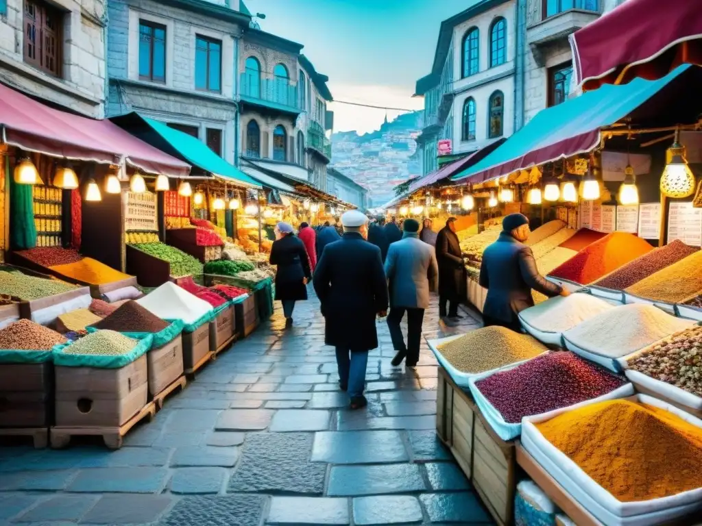 Un mercado vibrante en Estambul, Turquía, con puestos de especias, textiles y cerámica