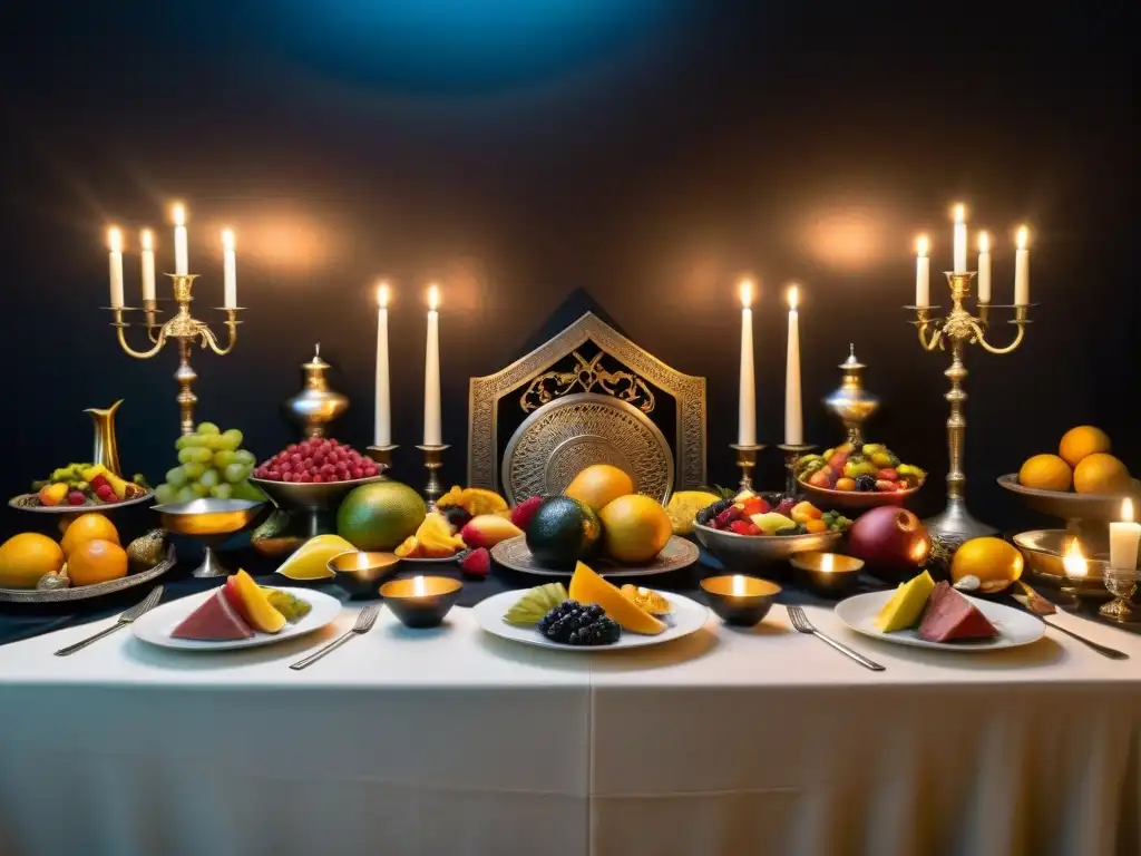 Una mesa de banquete con frutas exóticas, carnes raras y cubiertos elaborados, rodeada de figuras enmascaradas y velas