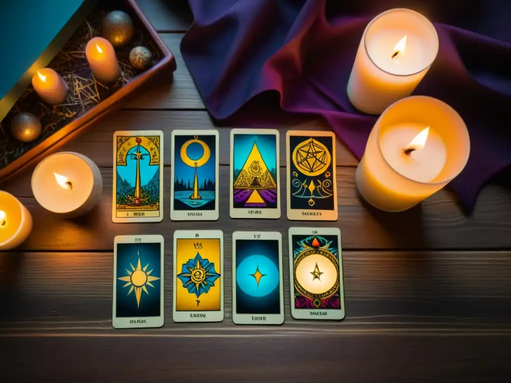 Una mesa de madera antigua con una compleja tirada de tarot, iluminada por velas, invita a la interpretación tarot simbolismo autoconocimiento