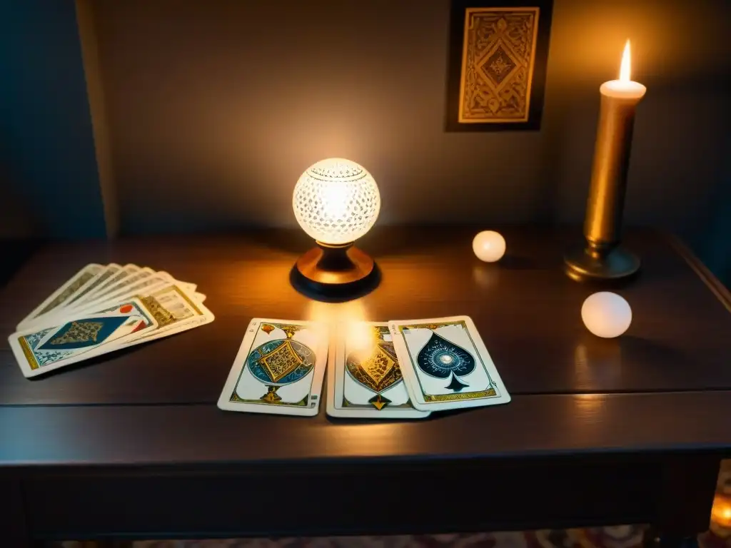 Una mesa de madera con cartas de tarot y una bola de cristal iluminada por velas, evocando misterio e introspección