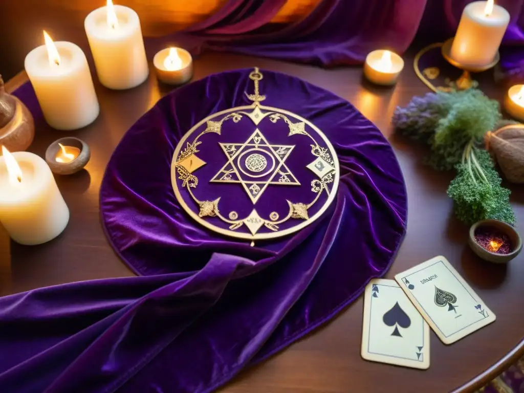 Una mesa de madera decorada con un mantel de terciopelo morado, tarot, velas, bola de cristal, hierbas aromáticas y humo de incienso