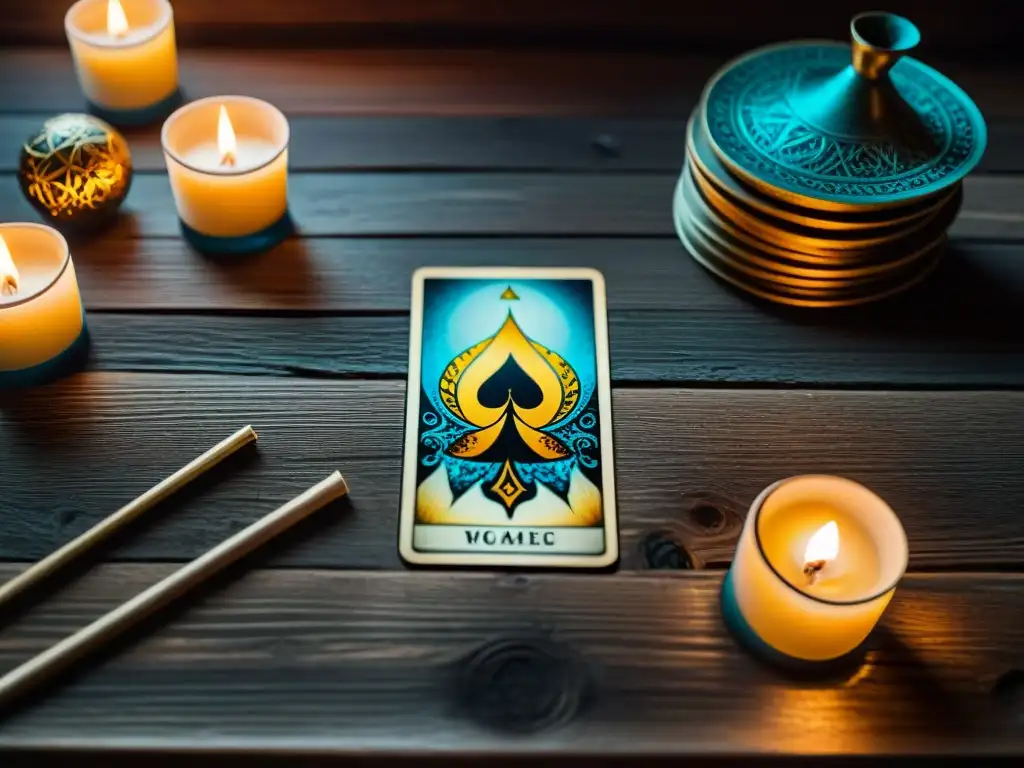 Una mesa de madera envejecida con una compleja tirada de cartas de tarot ricas en simbolismo y colores vibrantes