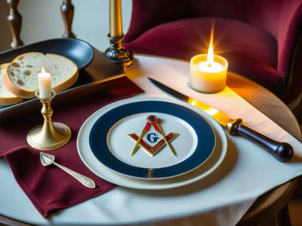 Una mesa masona decorada con pan, vino y elementos simbólicos en una atmósfera misteriosa y solemne