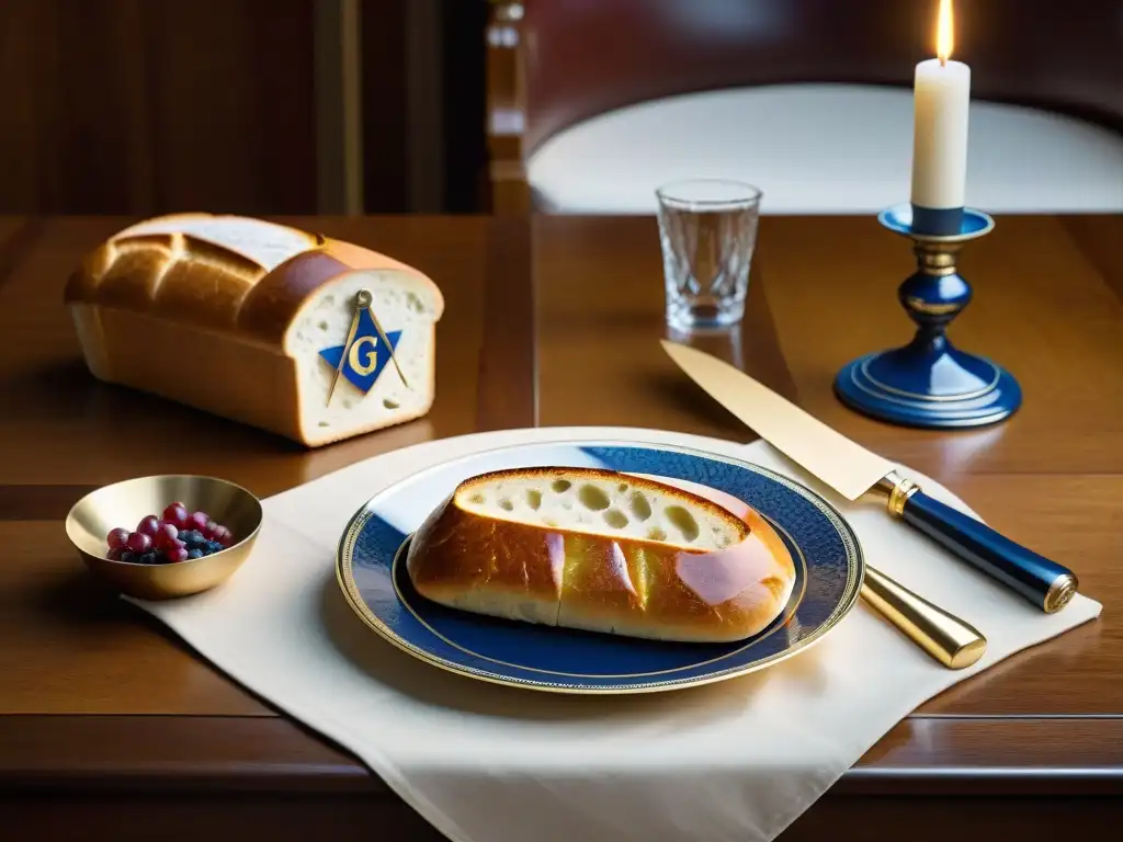 Una mesa masónica ritualista bellamente decorada con pan y vino, simbolizando hermandad y unidad