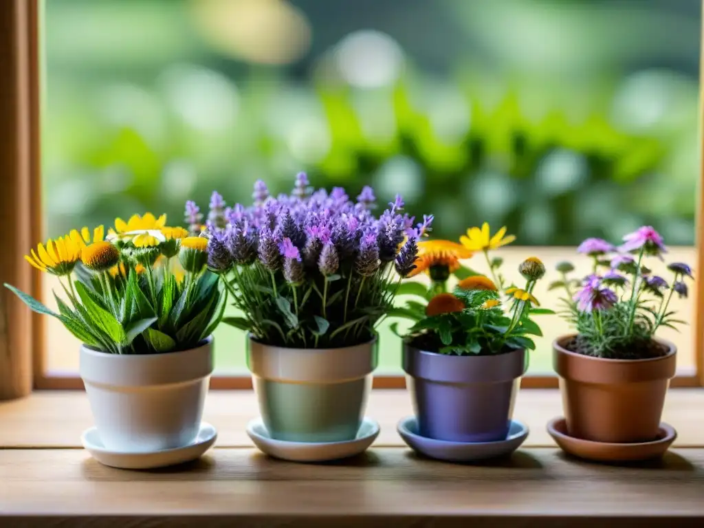 Una mesa rústica con hierbas aromáticas como lavanda y manzanilla en macetas