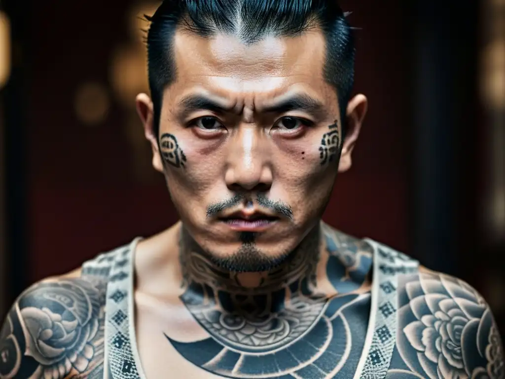 Un miembro de Yakuza con tatuajes tradicionales, mirada firme y expresión estoica