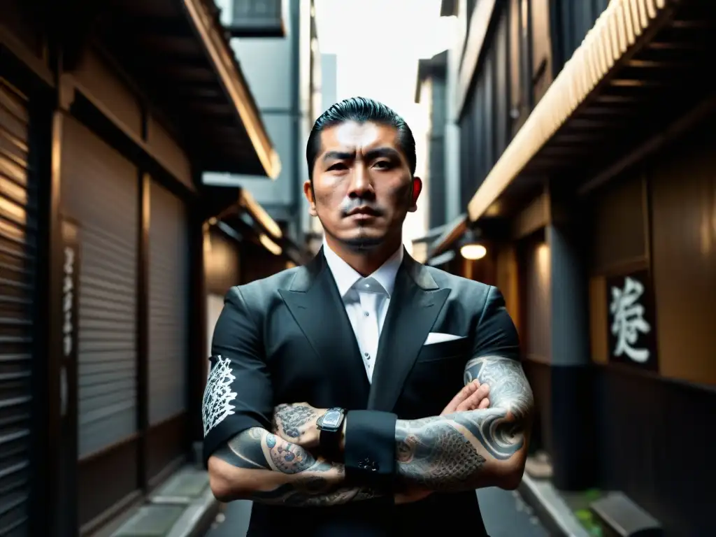 Un miembro de Yakuza con traje negro y tatuajes, en un callejón urbano