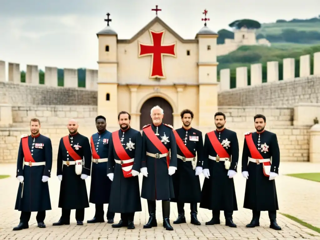 Miembros de la Orden de Malta en uniformes tradicionales frente a un castillo histórico