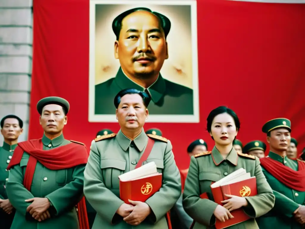 Miembros serios de la Sociedad Secreta Guardia Roja con el Libro Rojo de Mao frente a propaganda