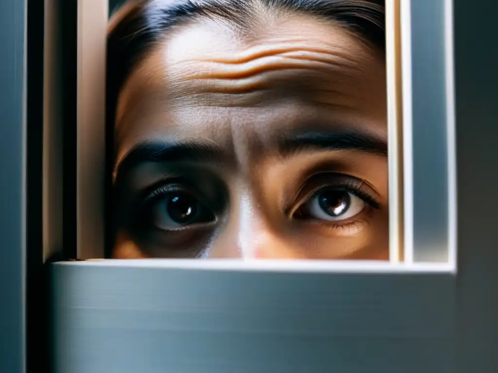 Mirada de misterio y temor tras puerta entreabierta en penumbra