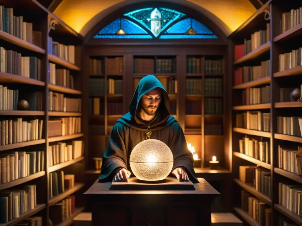 Antigua biblioteca misteriosa con figura encapuchada y cristal mágico Descubre el misterio de una biblioteca antigua iluminada por un rayo de luz, con figuras enigmáticas y artefactos alquímicos