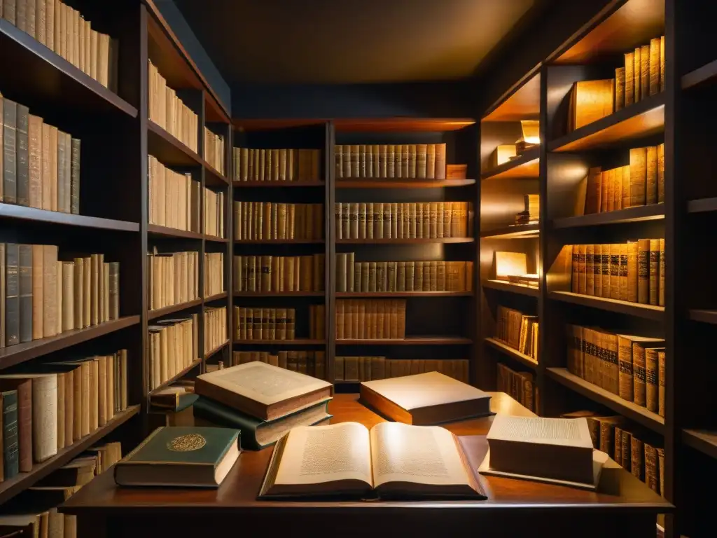 Archivo secreto: manuscritos antiguos y misterios revelados Descubre el misterio de una biblioteca antigua iluminada débilmente, repleta de manuscritos y símbolos enigmáticos