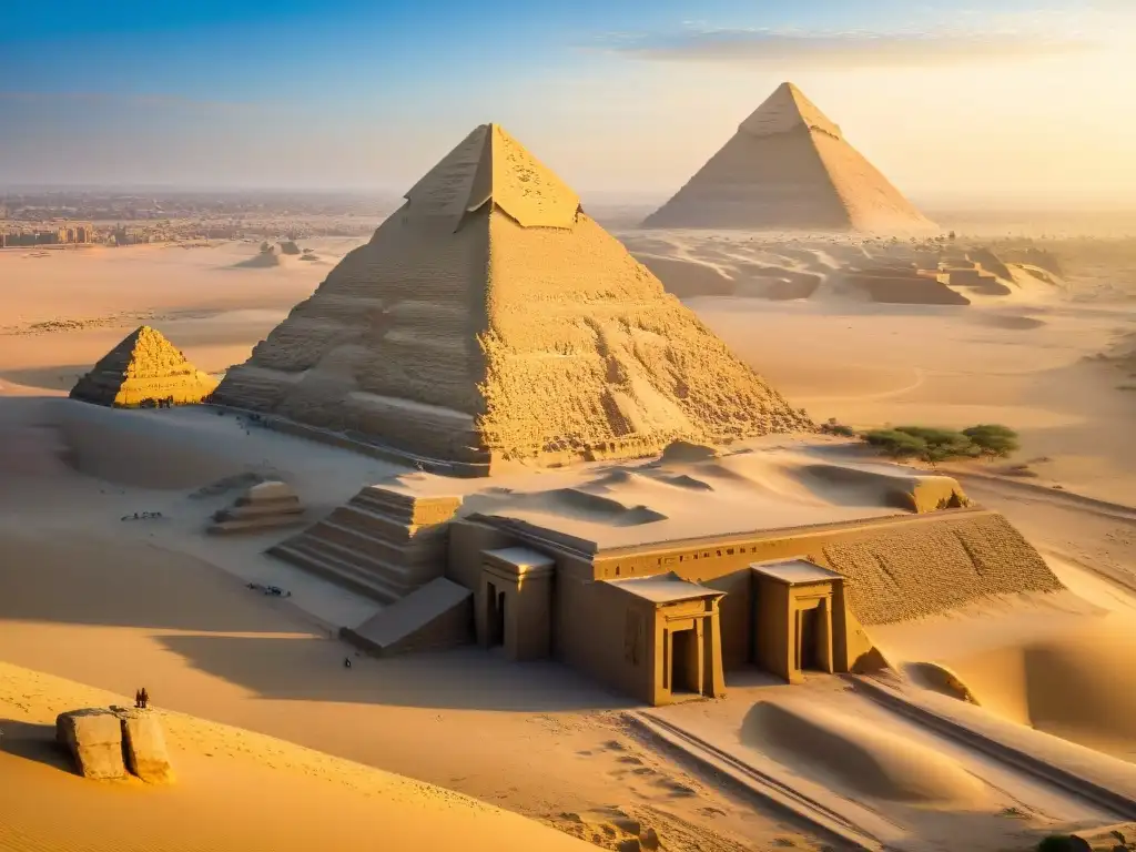 El misterio del Gran Esfinge de Giza al amanecer, con jeroglíficos y aves en vuelo